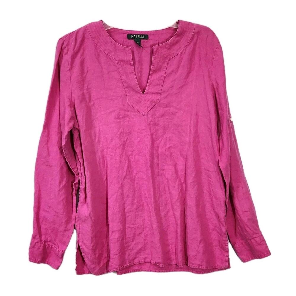 Ralph Lauren 100% Linen Pink Shirt Tunic Lagenlook Longline Beachy Resort Sz Lg